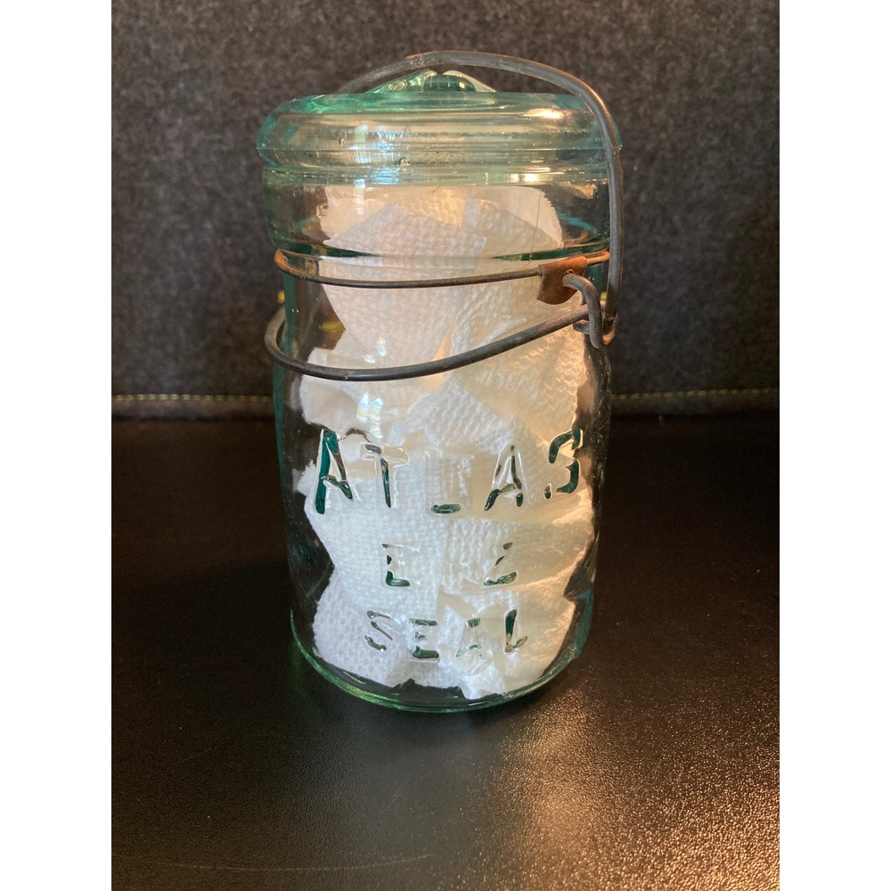 Vintage ATLAS EZ SEAL Mason Jar Aqua Glass Lid Wire Bail‎ Closure Original